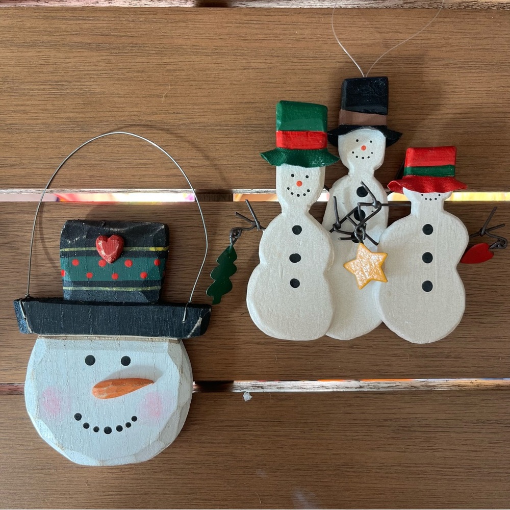 2 Wooden Snowman Ornaments Midwest of Cannon Falls Handpainted Reina Speelhammer